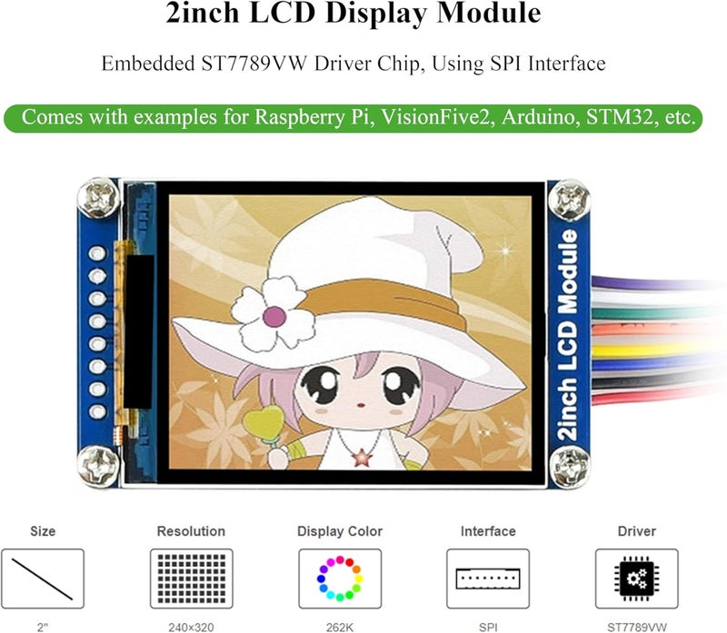 UBEEKOO وحدة شاشة LCD بحجم 2 بوصة متوافقة مع Raspberry Pi 5/4B/3B+/3B/Zero W/WH/Zero 2 W/Ardu/STM32، دقة 240 x 320، شاشة IPS، 262K لون، محرك ST7789VW، واجهة SPI - Image 3